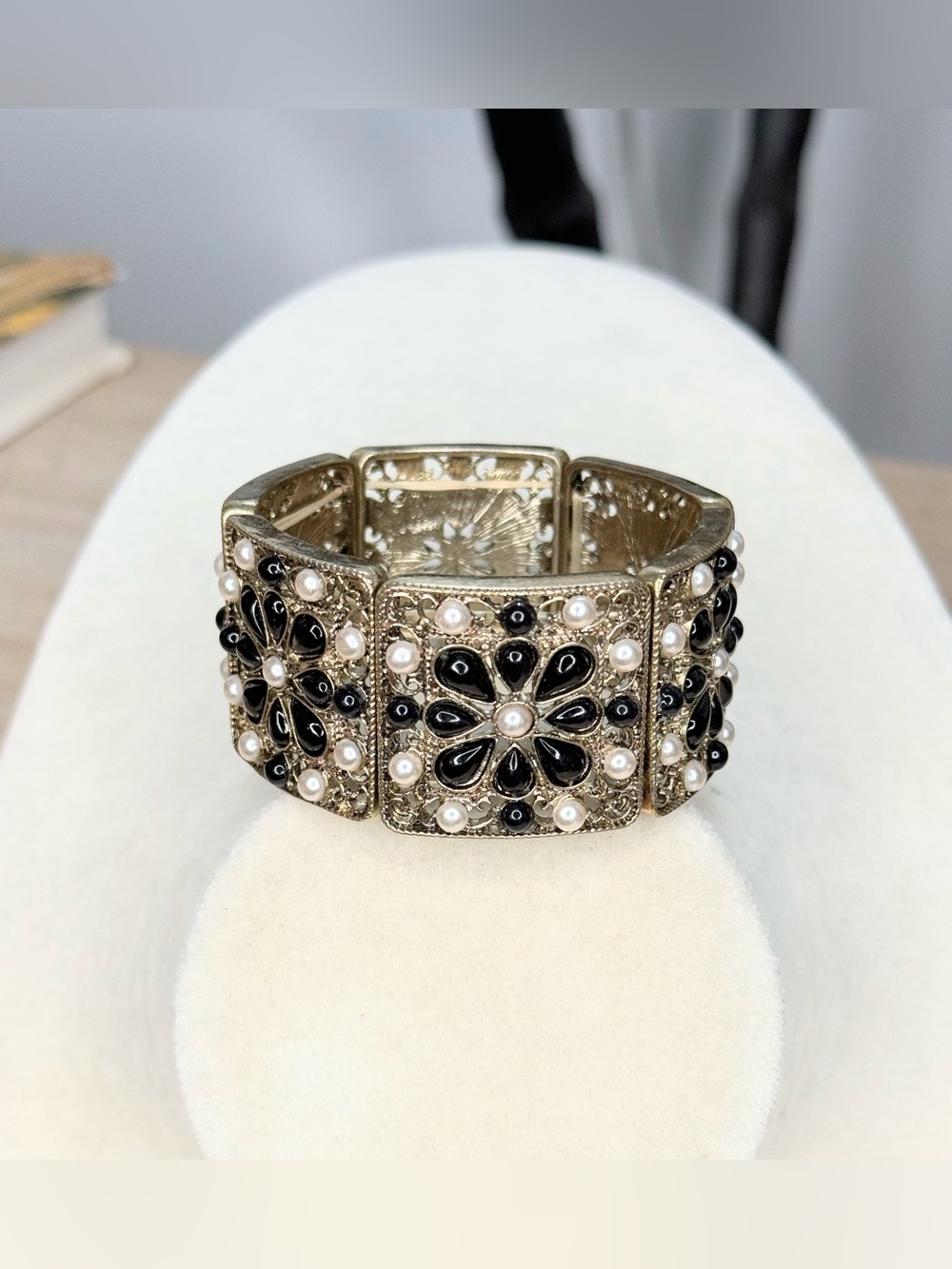 Gold Tone Black Bead Faux Pearl Stretch Bracelet Wide Filigree Statement